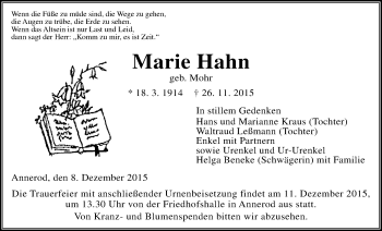 Traueranzeige von Marie Hahn von Gießener Allgemeine, Alsfelder Allgemeine