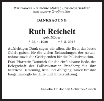 Traueranzeige von Ruth Reichelt von Wetterauer Zeitung, Wetterauer Zeitung