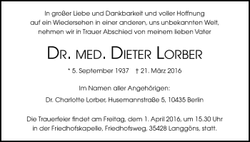 Traueranzeige von Dieter Lorber von Gießener Allgemeine, Alsfelder Allgemeine