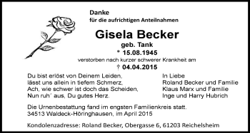 Traueranzeige von Gisela Becker von Wetterauer Zeitung, Wetterauer Zeitung