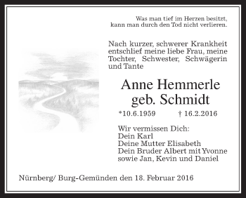 Traueranzeige von Anne Hemmerle von Alsfelder Allgemeine