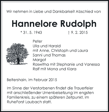 Traueranzeige von Hannelore Rudolph von Gießener Allgemeine, Alsfelder Allgemeine