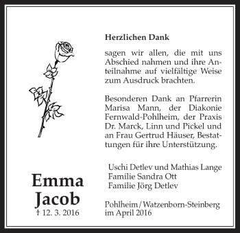 Traueranzeige von Emma Jacob von Pohlheimer Nachrichten