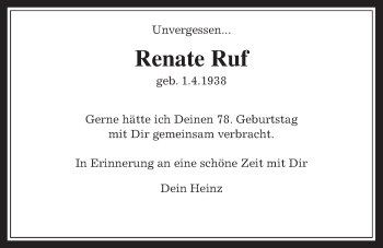 Traueranzeige von Renate Ruf von Wetterauer Zeitung, Wetterauer Zeitung