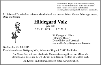 Traueranzeige von Hildegard Volz von Gießener Allgemeine, Alsfelder Allgemeine