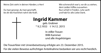 Traueranzeige von Ingrid Kammer von Licher Wochenblatt, Licher Wochenblatt, Licher Wochenblatt