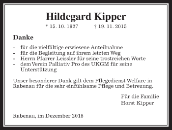 Traueranzeige von Hildegard Kipper von Rabenauer Zeitung