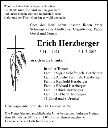 Traueranzeige von Erich Herzberger von Gießener Allgemeine, Alsfelder Allgemeine