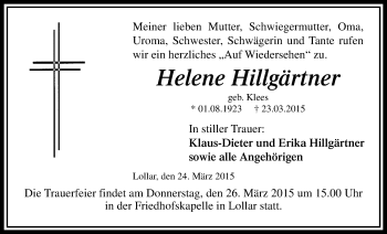 Traueranzeige von Helene Hillgärtner von Gießener Allgemeine, Alsfelder Allgemeine