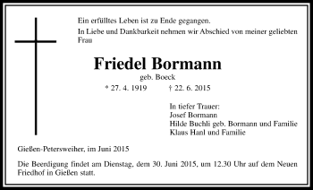 Traueranzeige von Friedel Bormann von Gießener Allgemeine, Alsfelder Allgemeine