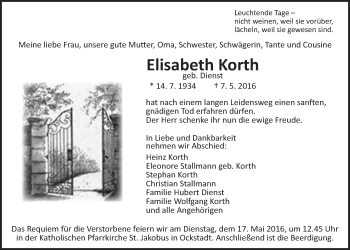 Traueranzeige von Elisabeth Korth von Wetterauer Zeitung, Wetterauer Zeitung