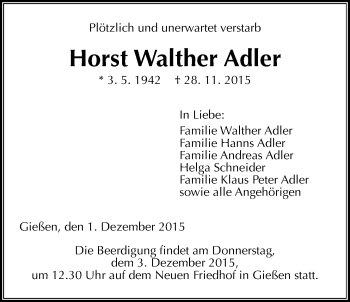 Traueranzeige von Horst Walther Adler von Gießener Allgemeine, Alsfelder Allgemeine