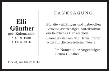 Traueranzeige von Elli Günther von Wetterauer Zeitung, Wetterauer Zeitung