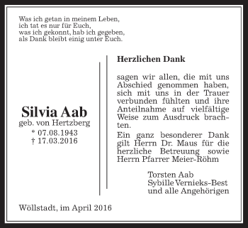 Traueranzeige von Silvia Aab von Wetterauer Zeitung, Wetterauer Zeitung