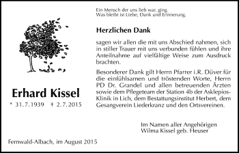 Traueranzeige von Erhard Kissel von Gießener Allgemeine, Alsfelder Allgemeine