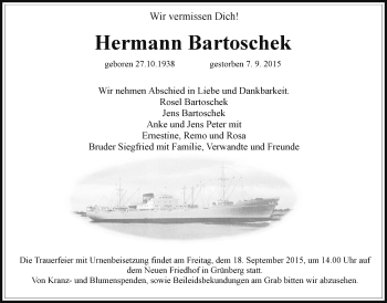 Traueranzeige von Hermann Bartoschek von Gießener Allgemeine, Alsfelder Allgemeine