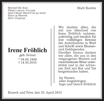 Traueranzeige von Irene Fröhlich von Wetterauer Zeitung, Wetterauer Zeitung