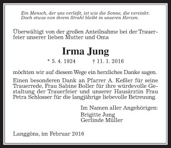 Traueranzeige von Irma Jung von Gießener Allgemeine, Alsfelder Allgemeine