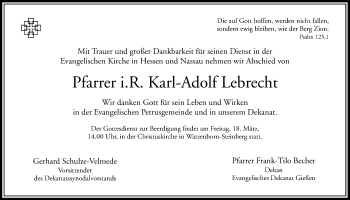 Traueranzeige von Karl-Adolf Lebrecht von Gießener Allgemeine, Alsfelder Allgemeine