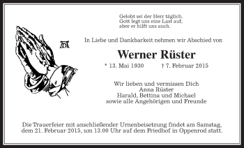 Traueranzeige von Werner Rüster von Gießener Allgemeine, Alsfelder Allgemeine