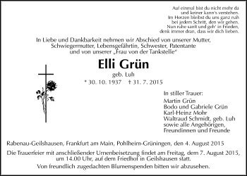 Traueranzeige von Elli Grün von Gießener Allgemeine, Alsfelder Allgemeine