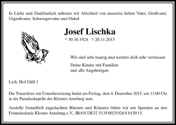 Traueranzeige von Josef Lischka von Gießener Allgemeine, Alsfelder Allgemeine, Wetterauer Zeitung, Wetterauer Zeitung