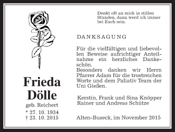 Traueranzeige von Frieda Dölle von Gießener Allgemeine, Alsfelder Allgemeine