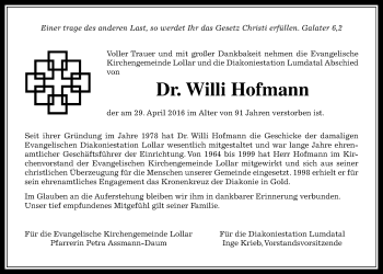 Traueranzeige von Willi Hofmann von Gießener Allgemeine, Alsfelder Allgemeine