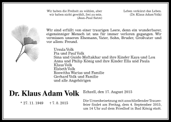 Traueranzeige von Klaus Adam Volk von Wetterauer Zeitung, Wetterauer Zeitung