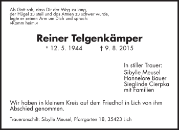 Traueranzeige von Reiner Telgenkämper von Gießener Allgemeine, Alsfelder Allgemeine