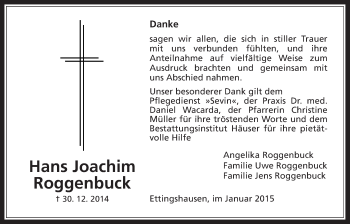 Traueranzeige von Hans Joachim Roggenbuck von Giessener Allgemeine, Alsfelder Allgemeine
