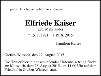 Traueranzeige von Elfriede Kaiser von Gießener Allgemeine, Alsfelder Allgemeine