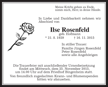 Traueranzeige von Ilse Rosenfeld von Wetterauer Zeitung, Wetterauer Zeitung