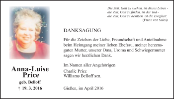 Traueranzeige von Anna Luise Price von Gießener Allgemeine, Alsfelder Allgemeine