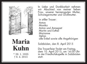 Traueranzeige von Maria Kuhn von Gießener Allgemeine, Alsfelder Allgemeine