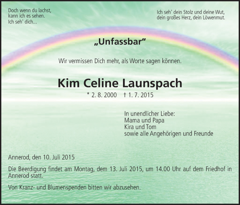  Traueranzeige für Kim Celine Launspach vom 10.07.2015 aus Gießener Allgemeine, Alsfelder Allgemeine