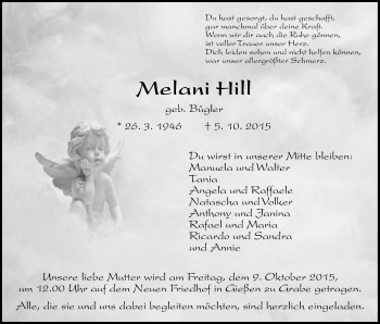 Traueranzeige von Melani Hill von Gießener Allgemeine, Alsfelder Allgemeine