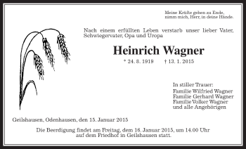 Traueranzeige von Heinrich Wagner von Giessener Allgemeine, Alsfelder Allgemeine