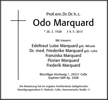 Traueranzeige von Odo Marquard von Gießener Allgemeine, Alsfelder Allgemeine