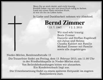 Traueranzeige von Bernd Zimmer von Wetterauer Zeitung, Wetterauer Zeitung