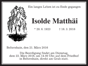 Traueranzeige von Isolde Matthäi von Gießener Allgemeine, Alsfelder Allgemeine