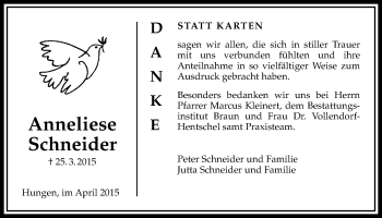 Traueranzeige von Anneliese Schneider von Licher Wochenblatt, Licher Wochenblatt, Licher Wochenblatt