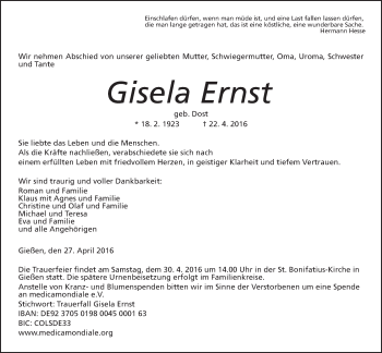 Traueranzeige von Gisela Ernst von Gießener Allgemeine, Alsfelder Allgemeine