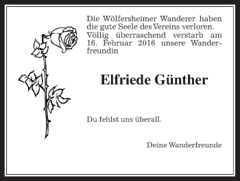 Traueranzeige von Elfriede Günther von Wetterauer Zeitung, Wetterauer Zeitung