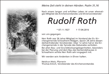 Traueranzeige von Rudolf Roth von Wetterauer Zeitung, Wetterauer Zeitung