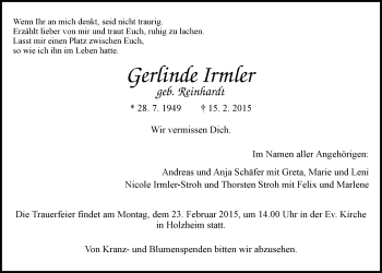 Traueranzeige von Gerlinde Irmler von Gießener Allgemeine, Alsfelder Allgemeine
