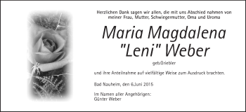 Traueranzeige von Maria Magdalena  Weber von Wetterauer Zeitung, Wetterauer Zeitung