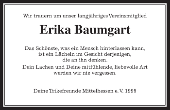 Traueranzeige von Erika Baumgart von Gießener Allgemeine, Alsfelder Allgemeine