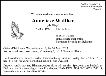 Traueranzeige von Anneliese Walther von Gießener Allgemeine, Alsfelder Allgemeine