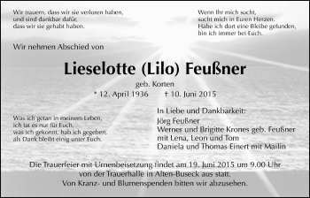 Traueranzeige von Lieselotte Feußner von Gießener Allgemeine, Alsfelder Allgemeine